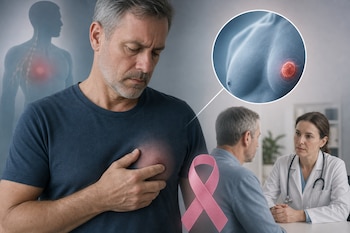 Hombre que toca su pecho junto a una médica en consulta, un lazo rosa y un recuadro anatómico con un nódulo torácico.