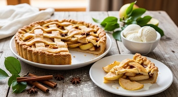 Un pastel de manzana con celosía y una porción separada, junto a un tazón de helado, manzanas, ramas de canela y anís estrellado en una mesa de madera.