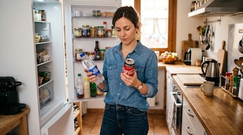 Una mujer sostiene una botella de agua y una lata de refresco sin azúcar frente a un refrigerador abierto en una cocina.