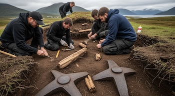 Cinco arqueólogos excavan un túmulo funerario. Remaches de hierro, fragmentos de madera y herramientas en el suelo. Montañas y un lago al fondo.