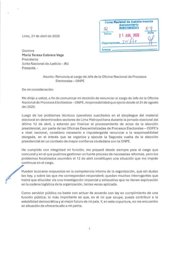 Carta de renuncia de Piero Corvetto.