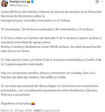 Rodrigo Lara hizo actualizaciones sobre los incendios en Colombia - crédito @Rodrigo_Lara_/X