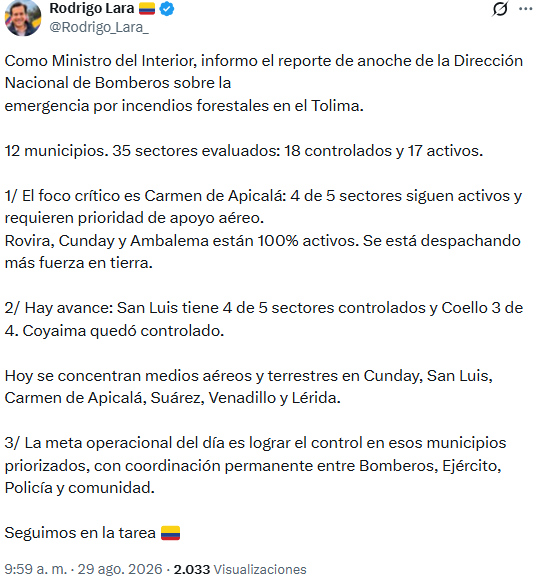 Rodrigo Lara hizo actualizaciones sobre los incendios en Colombia - crédito @Rodrigo_Lara_/X