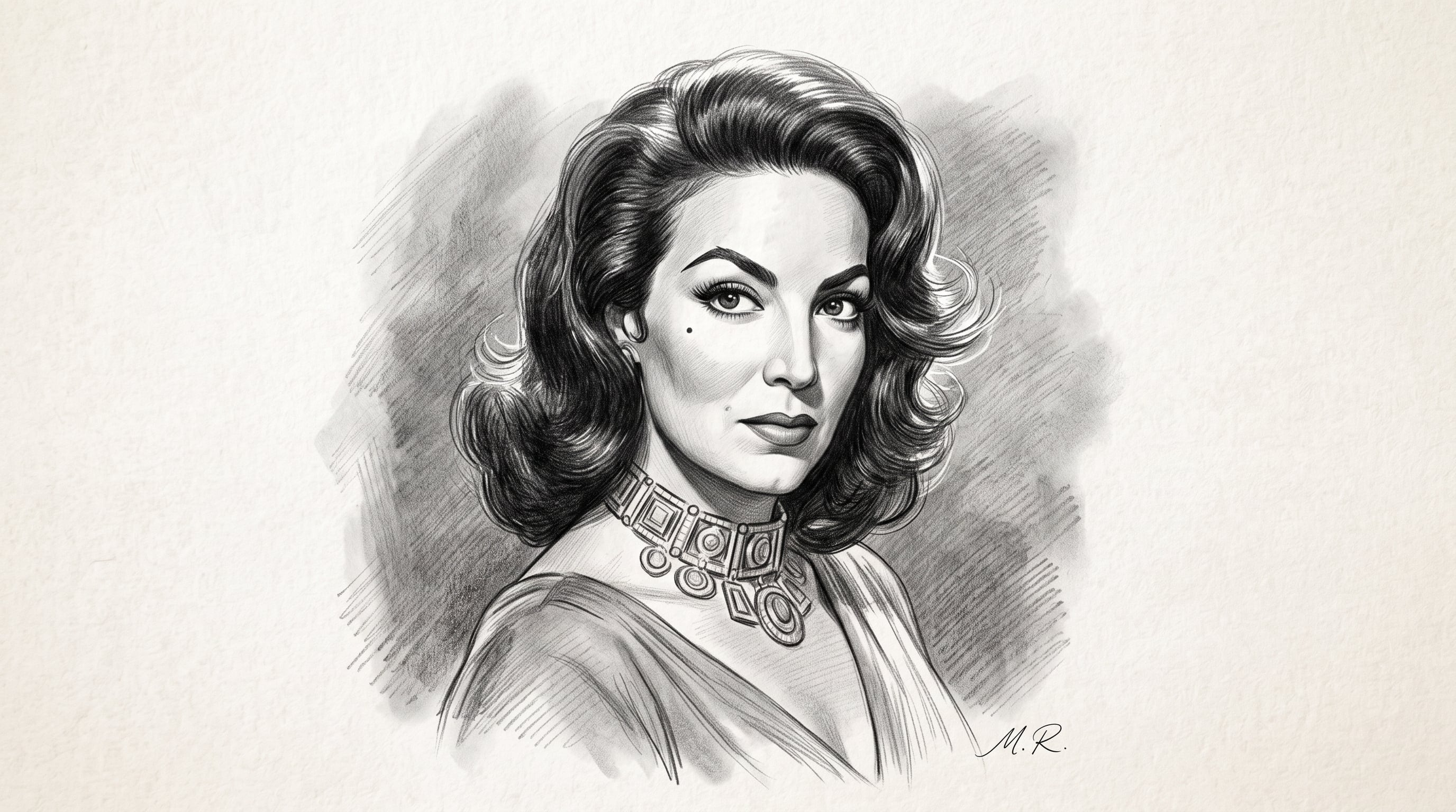 Un dibujo a lápiz retrata a la actriz mexicana María Félix con peinado ondulado y un collar geométrico. (Imagen Ilustrativa Infobae)