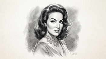 Dibujo a lápiz en blanco y negro del rostro de una mujer con peinado ondulado, un lunar facial y un collar geométrico.