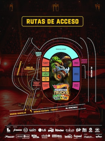 Hot Wheels Monster Trucks Live Glow-N-Fire 2026 se realizará en el Estadio San Marcos y el ingreso varía según la zona de tu entrada. IG