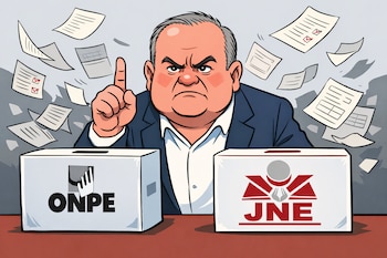 Caricatura de hombre robusto, cabello canoso, con expresión enojada, levantando el dedo índice. Delante, dos urnas electorales con los logos de ONPE y JNE. Papeles vuelan al fondo.