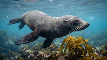 Una foca peletera nada bajo el agua cerca de la superficie, sobre un lecho marino con algas doradas y pequeñas anémonas.