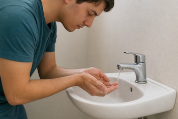 Un joven inclinado frente a un lavabo blanco coloca sus manos con jabón bajo un chorro fino de agua que sale de un grifo cromado.