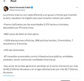 María Fernanda Cabal calificó a la Primera Línea como un grupo criminal - crédito @MariaFdaCabal