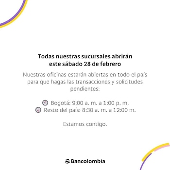 Bancolombia abrirá todas sus oficinas