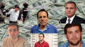 Seis retratos de hombres, incluyendo a Ismael Zambada, sobre un fondo de billetes de dólar y una balanza de justicia.