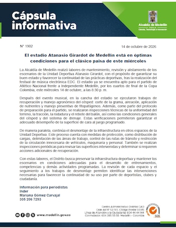 El organismo explicó mediante un comunicado de prensa el proceso de cuidado que realizaron para la cancha del Atanasio Girardot después del festival de música electrónica EDC-crédito Inder