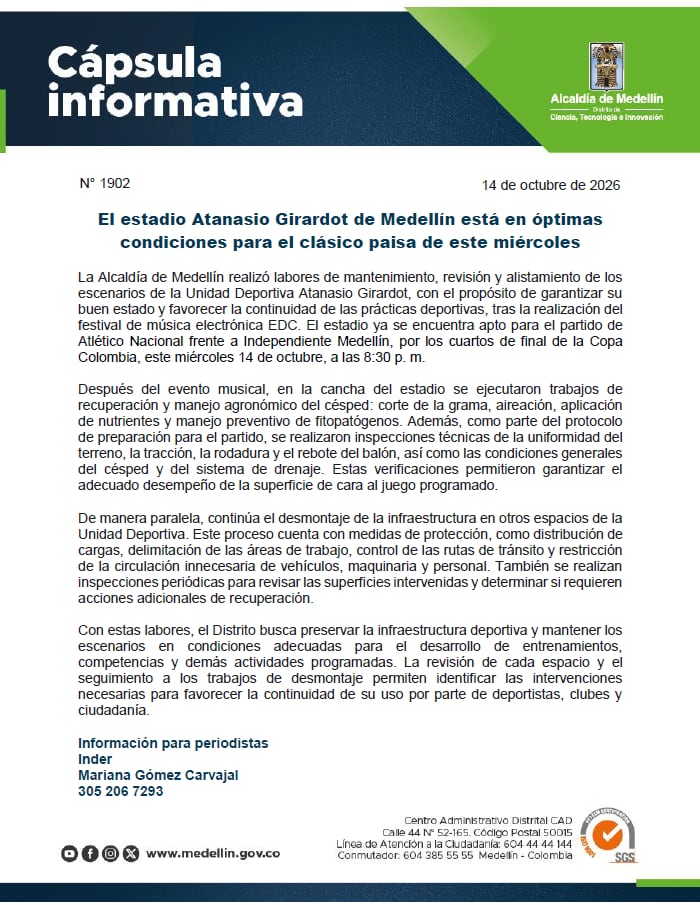 El organismo explicó mediante un comunicado de prensa el proceso de cuidado que realizaron para la cancha del Atanasio Girardot después del festival de música electrónica EDC-crédito Inder