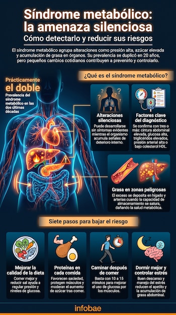 Infografía con la ilustración de un torso humano que expone sus órganos internos, arterias e íconos explicativos sobre hábitos cotidianos.