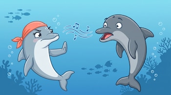Ilustración de dos delfines. Uno a la izquierda, con bandana roja y expresión molesta, emite notas musicales. El de la derecha tiene cara de asombro.