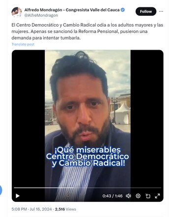 Alfredo Mondragón criticó a Cambio Radical y al Centro Democrático por demanda contra la reforma pensional -crédito @AlfreMondragon/X