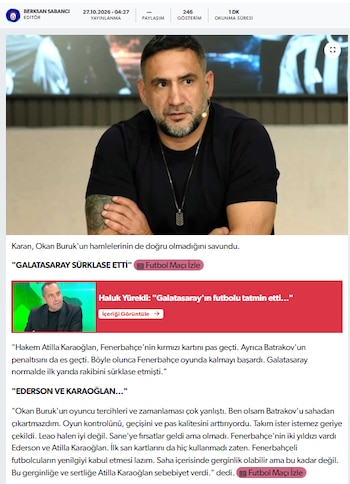 La opinión de Ümit Karan sobre el nivel de Davinson Sánchez con Galatasaray ante Fenerbahce - crédito gsgazete