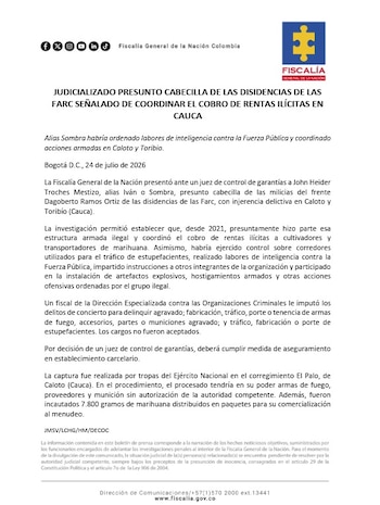 La Fiscalía dice que alias Sombra coordinaba cobros ilegales a cultivadores de marihuana en el norte del Cauca - crédito Fiscalía