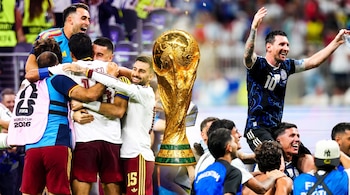 Un collage muestra jugadores de España abrazándose, Lionel Messi y otros futbolistas argentinos celebrando, y la Copa del Mundo FIFA dorada.