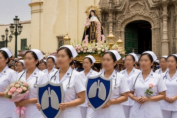 Enfermeras con uniforme blanco, estetoscopios y escudos con siluetas de pulmones caminan frente a las andas de Santa Rosa de Lima.