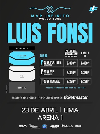 Afiche con mapa del escenario y zonas Platinum, VIP y General con precios en soles para el concierto de Luis Fonsi en Arena 1, Lima