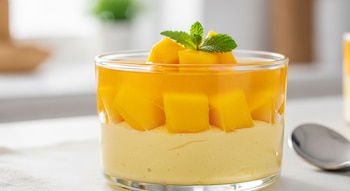 Vaso de vidrio con postre de dos capas: crema clara y cubos de mango en gelatina naranja. Una rama de menta lo decora. Una cuchara de metal al lado.