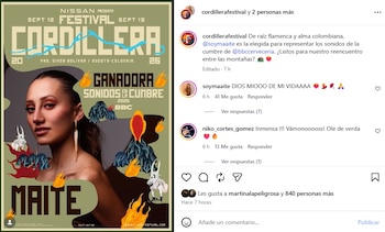 Maite reemplazará a Los de Adentro en el escenario Cotopaxi tras ganar el concurso Sonidos en la Cumbre organizado por el festival - crédito @cordillerafestival/Instagram