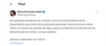 María Fernanda Cabal demandó la circular de la Superintendencia de Salud - crédito @MariaFdaCabal