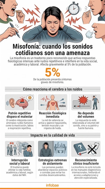 Infografía sobre misofonía, mostrando a una persona tapándose los oídos, rodeada de ilustraciones de ruidos cotidianos como masticación, tecleo y respiración.
