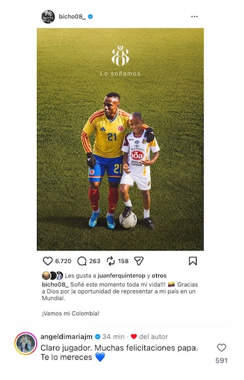 La felicitación de Ángel Dimaria a Jaminton Campaz por su convocatoria al Mundial 2026 - crédito @bicho08_/Instagram
