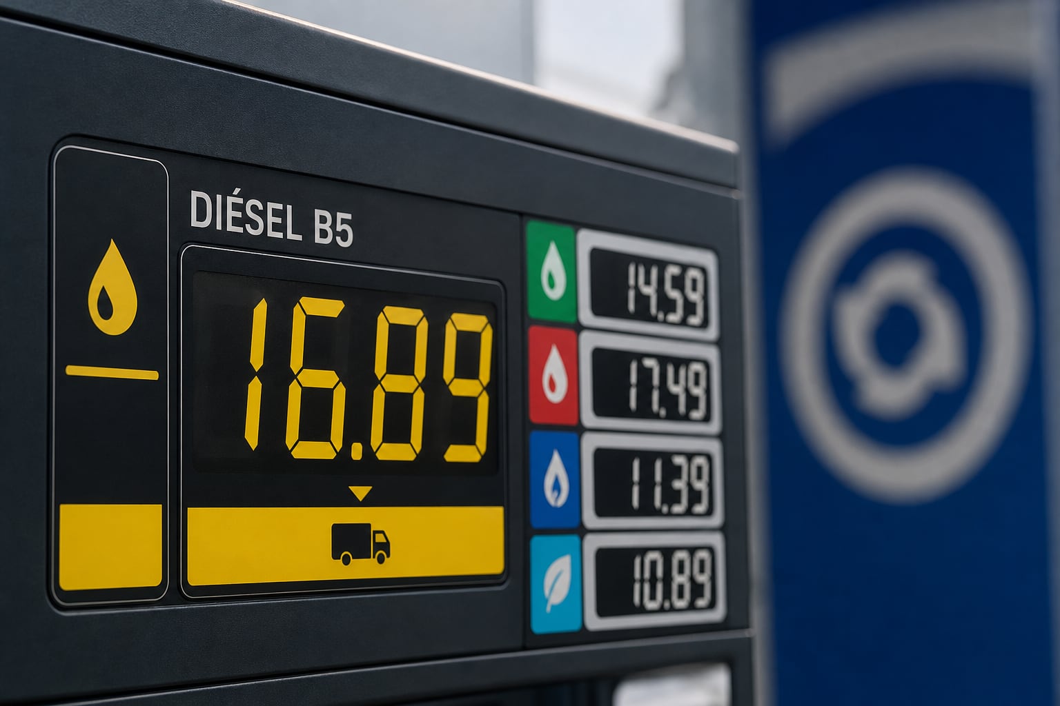 Un surtidor de combustible marca un precio de 16.89 para el diésel B5 junto a las tarifas de otros carburantes en una estación de servicio. (Imagen Ilustrativa Infobae)