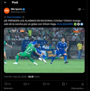 La lesión de Cristian "Chicho" Arango se presentó al minuto 9 de partido tras una fuerte entrada del volante de Millonarios Stiven Vega-crédito @WinSportsTV/X