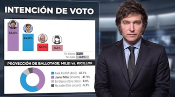 Un gráfico de barras y un gráfico circular con porcentajes electorales junto a una fotografía del presidente Javier Milei con traje.