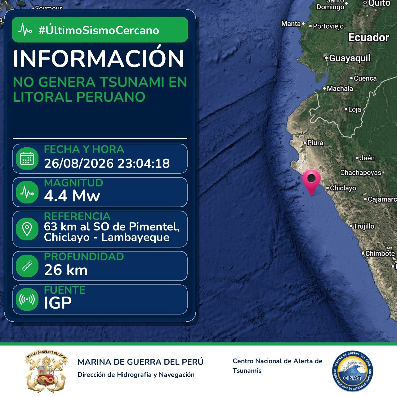Un reporte del Centro Nacional de Alerta de Tsunamis informa sobre un sismo de magnitud 4,4 cerca de Pimentel que no genera tsunami en Perú.
