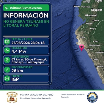Infografía con datos sobre un sismo de magnitud 4,4 y un mapa que señala el epicentro en la costa de Lambayeque, Perú