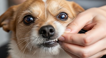 Primer plano de la cara de un perro pequeño de pelaje castaño y blanco con los ojos muy abiertos, mientras una mano humana levanta su labio para mostrar los dientes.