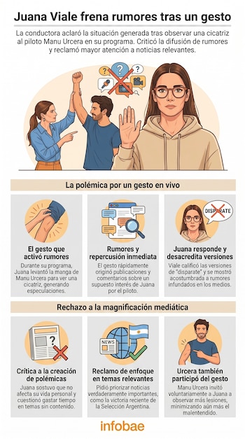 Infografía que ilustra a Juana Viale rechazando rumores, mostrando su interacción con Manu Urcera, elementos visuales de la polémica y la respuesta mediática.