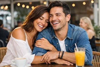 Una pareja sonriente sentada en una mesa de café, con una taza de café y un vaso de jugo. La mujer apoya su cabeza en el hombro del hombre.