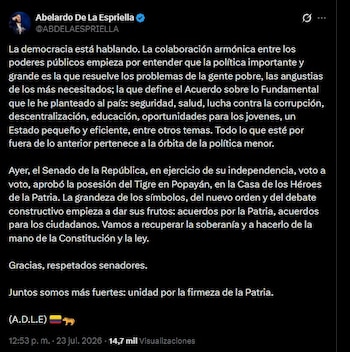 En su mensaje publicado en X, Abelardo de la Espriella agradeció al Senado por avalar su posesión en Popayán y aseguró que su gobierno trabajará por "recuperar la soberanía" - crédito Abelardfo de la Espriella/X