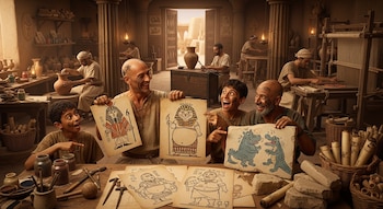 Hombres y niños ríen en un taller egipcio antiguo, mostrando dibujos satíricos de figuras y animales. Otros artesanos trabajan con vasijas y telares.