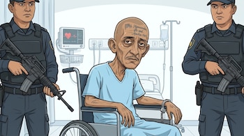 Caricatura de Carlos 'El Viejo Lin' Mojica, calvo y demacrado, en silla de ruedas esposado, flanqueado por dos policías armados en una habitación de hospital.