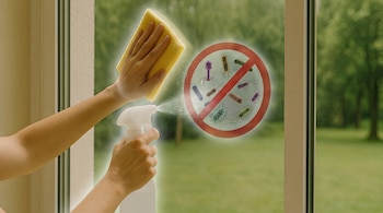Manos utilizando un pulverizador y un paño amarillo sobre una ventana limpia con un símbolo rojo de prohibido sobre varios virus y bacterias.