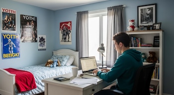 Un joven de espaldas sentado frente a una laptop en un escritorio, con una cama, estantería con libros y posters en las paredes de un dormitorio.