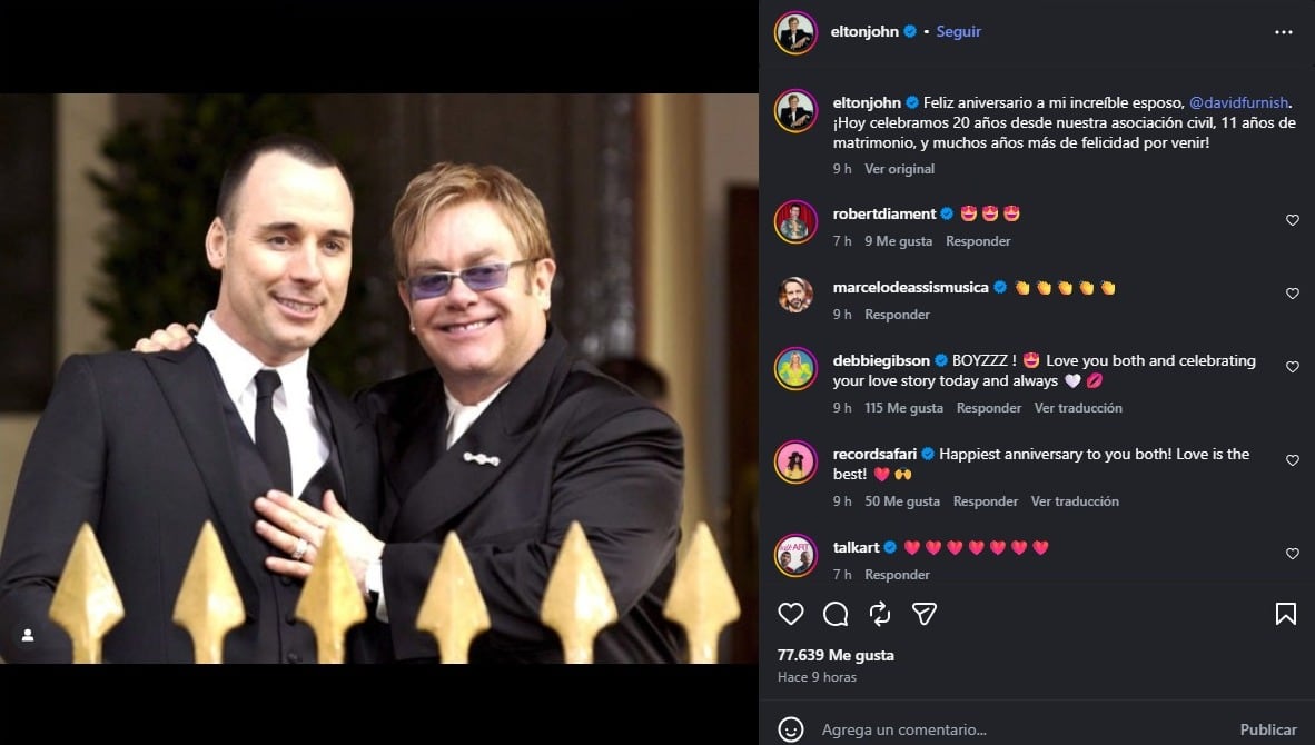 Elton John celebró su aniversario con David Furnish. (Instagram)