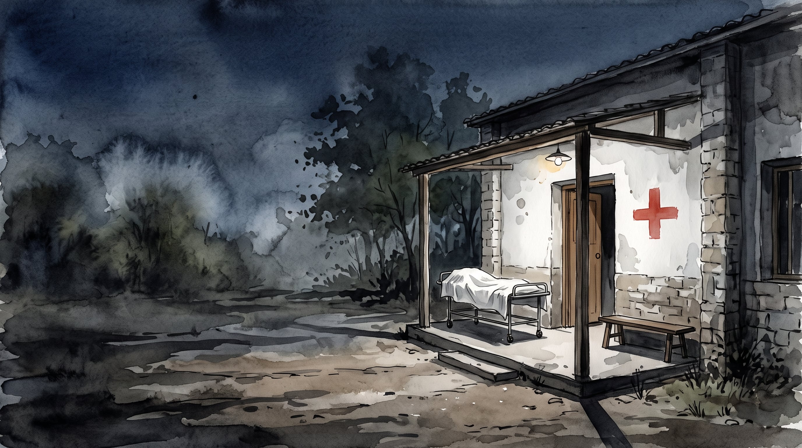 Un puesto de salud rural permanece iluminado durante la noche con una camilla cubierta por una sábana en el porche exterior. (Imagen Ilustrativa Infobae)