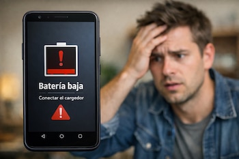 Primer plano de un celular Android mostrando "Batería baja" en pantalla, con un hombre visiblemente preocupado en el fondo.