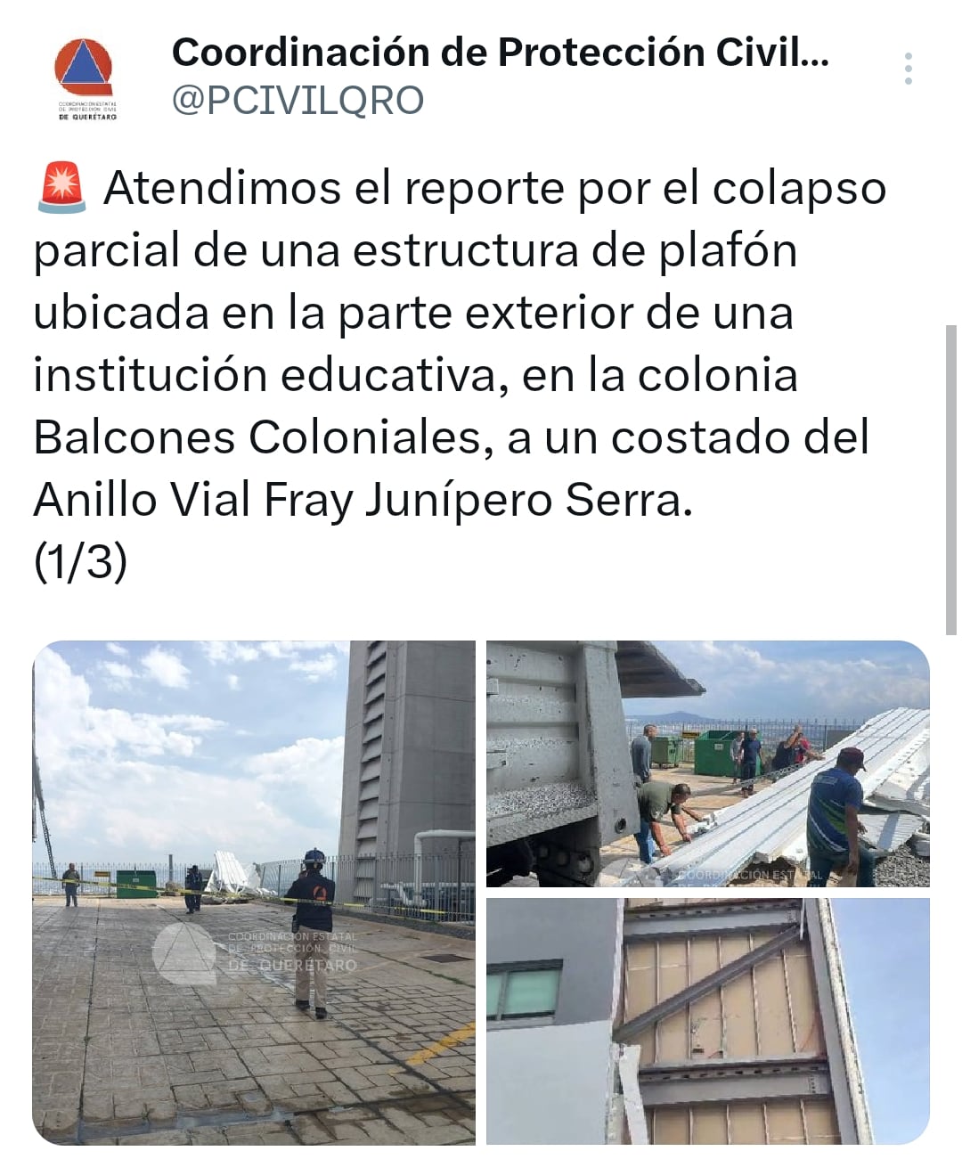 Un plafón colapsó a causa de los fuertes vientos (X / Coordinación de Protección Civil del Estado de Qro)
