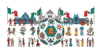 Balón de fútbol decorado con patrones mexicanos, banderas de México, edificios estilizados y personas vestidas con trajes típicos.