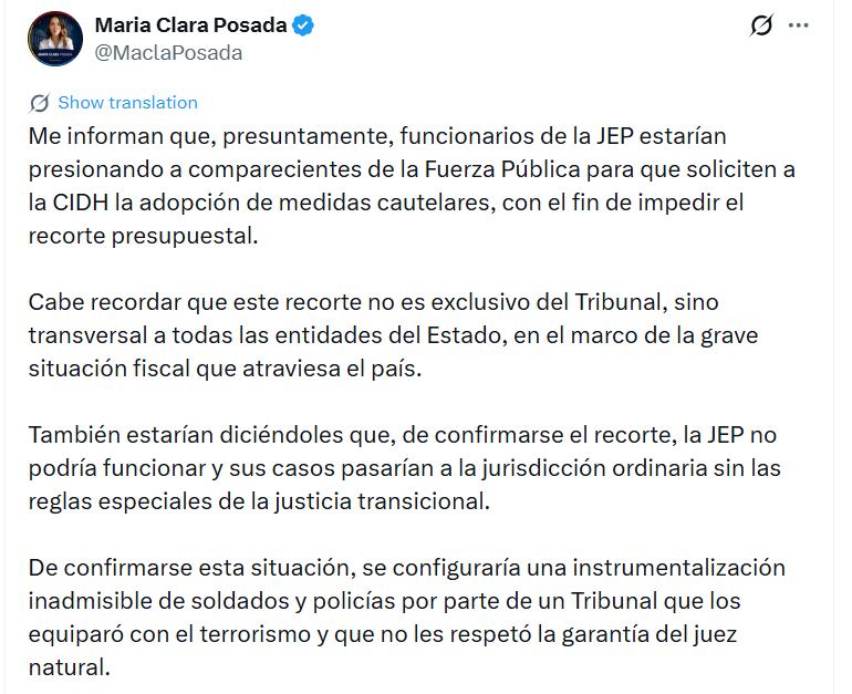 La senadora María Clara Posada denunció presuntas presiones de funcionarios de la JEP a comparecientes de la fuerza pública - crédito @MaclaPosada/X